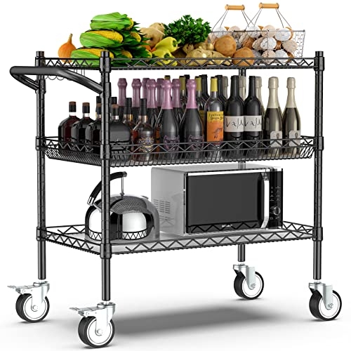 Leteuke 3 Tier Rolling Carts with Wheels, Heavy Duty Rolling Utility Cart | NSF Commercial Grade Metal Cart with Handle&Shelf Liner,Trolley Serving Cart for Kitchen,Restaurant,Plant Display,Black - color: Matte Black