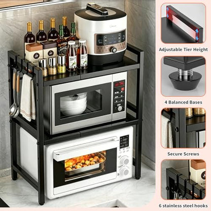 Microwave Oven Rack, Heavy Duty 3-Tier Adjustable Shelf Microwave Stand, Expandable Kitchen Countertop Shelf Organizer with 6 Hooks, 100lbs Weight Capacity for kitchen organizers and storage, Black - size: Adjustable 3 Tier
