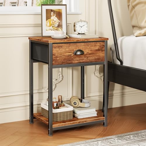 Furologee Nightstands Set of 2, Night Stand with Fabric Drawer and Storage Shelf, Retro Bedside Sofa Tables for Small Place, End Side Tables Living Room Bedroom, Rustic Brown