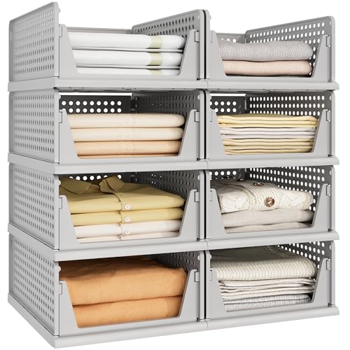 Pinkpum 8 Pack Closet Organizers and Storage Plastic Stackable Storage Bins, Foldable Drawer Shelf Storage Container for Wardrobe Kitchen Bathroom Dorm Grey - color: Gray, size: 8 Pack L