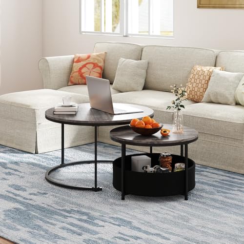 Tangkula Round Nesting Coffee Table Set of 2, Wooden Center End Table with Fabric Storage Basket & Metal Frame, Stacking Side Table for Apartment, Living Room & Bedroom (Gray & Black) - color: Gray & Black