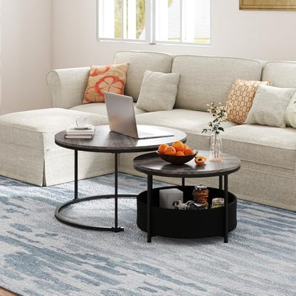 Tangkula Round Nesting Coffee Table Set of 2, Wooden Center End Table with Fabric Storage Basket & Metal Frame, Stacking Side Table for Apartment, Living Room & Bedroom (Gray & Black) - color: Gray & Black