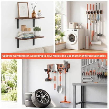 Broom Holder Wall Mount 33.8inch with Wooden Shelf ,Rustic Wood Broom Hanger 5 Racks&4 Hooks,Laundry Room Organization with Steel Garage Storage Hooks, Mop Hanger Broom Rack for Laundry Room, Garage. - size: 33.8"Large