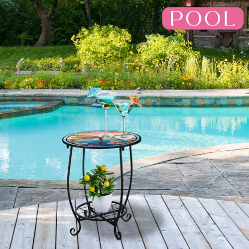 Cinnvoice Outdoor Side Table Round Small Mosaic Patio Accent Indoor End Plant Coffee Tea Table for Yard Patio Porch Garden Living Room, Bedroom(Dragonfly Style,14 Inch) - size: 14 Inch, style: Dragonfly Style
