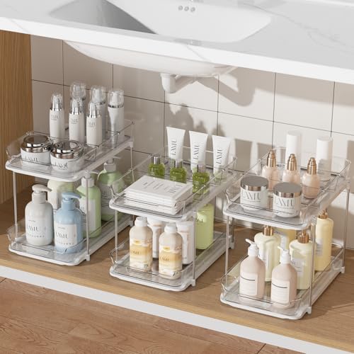 Delamu 3 Pack 2-Tier Bathroom Under Sink Organizers and Storage, Multi-Purpose Stackable Pantry Organization and Storage, Pull Out Clear Kitchen Bathroom Cabinet Organizer with Movable Dividers, White - color: White, size: 3 Pack 2-Tier