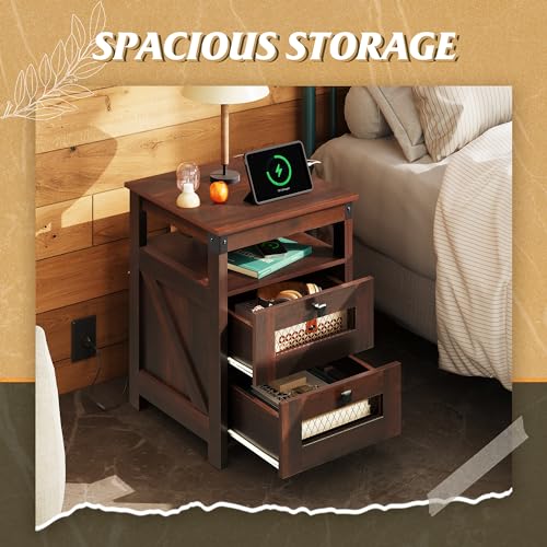 WLIVE Nightstand with Charging Station, Farmhouse End Table, Bed Side Table with 2 Storage Drawers and Open Shelf, Wood Rustic Nightstands for Bedroom, Espresso | Charging Station(2AC+2USB), Farmhouse Design (Cut-out Grills)，Storage(2 Drawers +1 Shelf), E