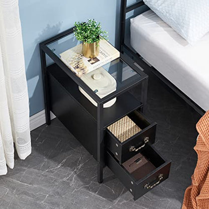 VECELO End Tables, 24" Height Narrow Nightstands, Modern Tall Night Stand with Drawers and Shelf for Living Room, Bedroom,Tempered Glass - color: Classic Black, size: Set of 2