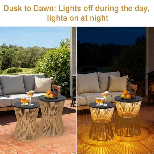 HMVPL Solar Outdoor Side Table with Dimmable Light, Patio Side Tables for Outside, Round Outdoor End Tables Set of 2, Plastic Rattan Patio End Accent Table for Poolside Backyard Gazebo, Dusk to Dawn