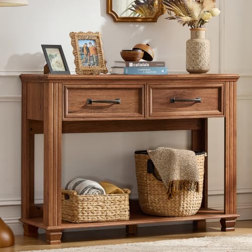 SAVOR LIFE Farmhouse 46" Console Table with 2 Drawers, Rustic Wood 2 Tier Entryway Table with Open Storage Shelf for Entry, Large Mid-Century Vintage Sofa Tables Behind Couch for Living Room, Brown - color: Brown
