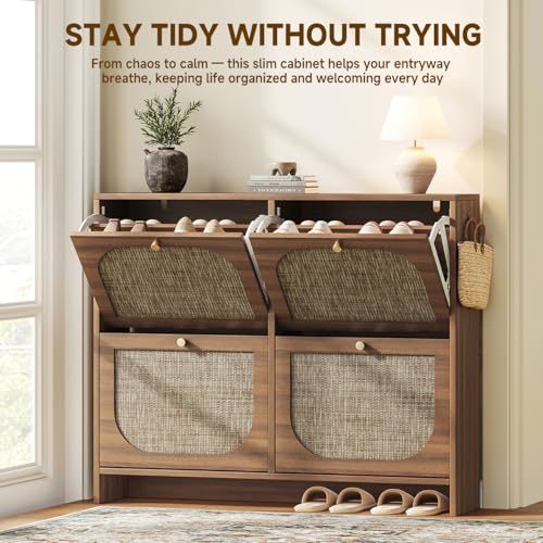 Nicetree Freestanding Ultra Slim Arched Rattan Accent Shoe Storage Cabinet for Entryway - 4 Flip Drawers & 3-Tier Adjustable Shelves, Farmhouse Modern Rustic Shoe Rack for Hallway, Foyer Oak - color: Caramel