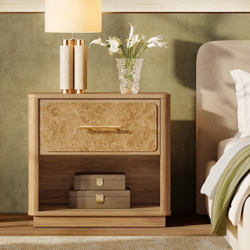 SICOTAS Night Stand 24.8" Wide Modern Nightstand with Deep Drawer & Rounded Corners Large Burl Wooden Nightstands Sturdy Bedside Table Easy Assembly End Tables for Bedroom Sofa Office - color: Medium Brown Burl Wood, size: 1 Piece