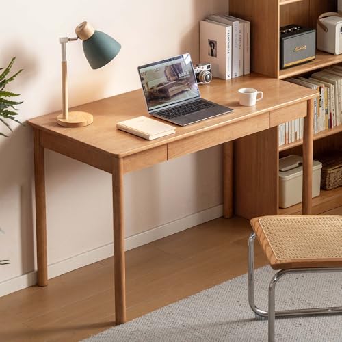 Solid Wood Computer Desk, Mid-Century Modern Home Office Desk with Storage Drawers, Writing Table for Study & Living Room 47.24" W Natural Wood - color: Natural Wood-rubberwood 2, size: 47.24"W
