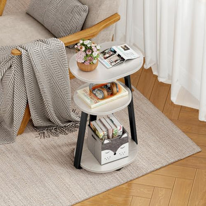 Kalrin Side Table, Small End Table with Metal Frame, 3-Tier Bedside Tables, Round Side Tables for Living Room Bedroom Couch Bathroom, Oval, White Maple - color: White Maple