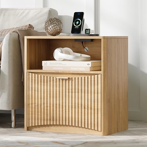Night Stand with Charging Station, Modern Bedside Table with Drawer & Open Shelf Storage, Small Space Sidetable for Bedroom, Natural Oak - color: Oversized Bonus