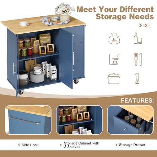 Shintenchi Kitchen Island with Folding Drop Leaf, Rolling Island Table with Storage, Kitchen Cabinet on Wheels with Seating Area for Kitchen, Bar Cart with Cabinet, Blue - color: Blue