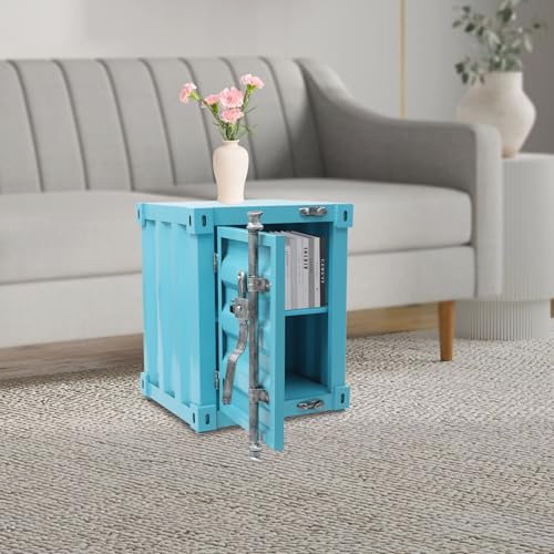 Industrial Style Container Cabinet, Iron Bedside Table with Lock, Shipping Container Style End Table, Wrought Iron Container Side Table for Living Room Bedroom Office (Blue) - color: Blue