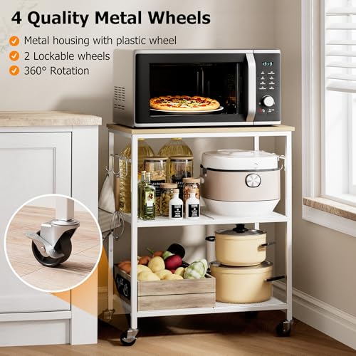 Homleke 3-Tier Rolling Kitchen Microwave Cart, Kitchen Utility Cart on Lockable Wheels, Coffee Bar Table Station with 6 S-Shaped Hooks, Small Appliance Storage Shelf, White and Natural KC40D - color: White and Natural, size: 3-Tier