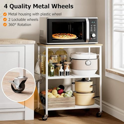 Homleke 3-Tier Rolling Kitchen Microwave Cart, Kitchen Utility Cart on Lockable Wheels, Coffee Bar Table Station with 6 S-Shaped Hooks, Small Appliance Storage Shelf, White and Natural KC40D - color: White and Natural, size: 3-Tier