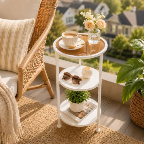 Modern 3-Tier Round End Table with Amber Tempered Glass Top, 11.8" Small Side Table for Living Room, Bedside Nightstand with Metal Frame & MDF Shelves for Small Spaces, White & Gold-Tone Accents - color: White