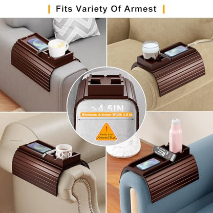 Bestjing Bamboo Couch Armrest Table, Sofa Arm Tray with Detachable Couch Cup Holder- 2 in 1 Anti-Slip Foldable Sofa Armchair Caddy Table for Drinks Cellphone TV Remote Snacks (Walnut)