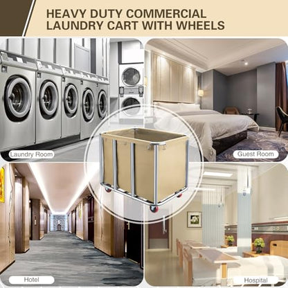 Commercial Laundry Cart with Wheels,400L Large Industrial Laundry Cart,Rolling Laundry Cart with Sturdy Stainless Steel Frame and Oxford Bag for Home Hotel Hospital 440 lbs (Beige) - color: Beige