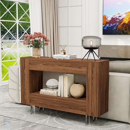 47" Console Table with Hidden Storage, Adjustable Shelves, Brown Wood Grain | Farmhouse sofa table for behind couch, living room, or hallway, entryway table with concealed cabinets & adjustable shelves - color: L-brown