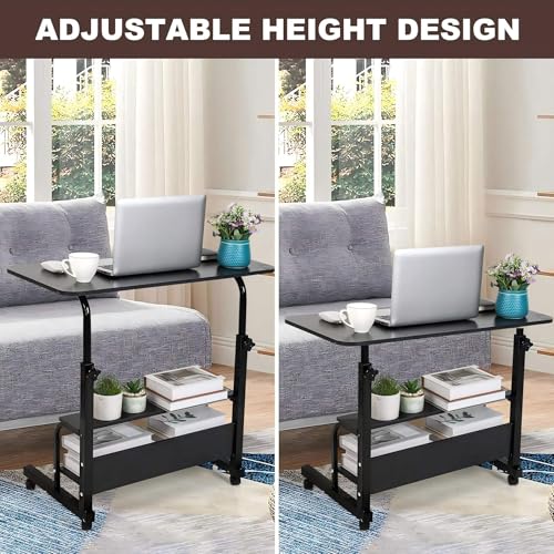 Rolling Adjustable Height Laptop Desk Black 2-Tier Storage Workstation | 28-40in Height Adjustment,Rolling Casters,2-Tier Storage Shelves,Waterproof Tabletop,Black Over Bed Home Office Desk - color: Black