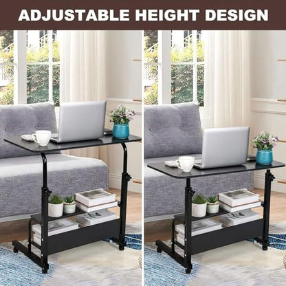 Rolling Adjustable Height Laptop Desk Black 2-Tier Storage Workstation | 28-40in Height Adjustment,Rolling Casters,2-Tier Storage Shelves,Waterproof Tabletop,Black Over Bed Home Office Desk - color: Black