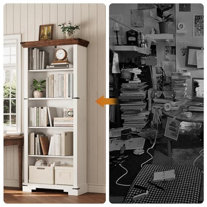 5-Tier Farmhouse Bookshelf, 61.1 inch Tall Bookcase with Storage & Unique Design & One Adjustable Shelf, Wooden Bookshelf for Study Room, Living Room, Home Office, Bedroom (White) - color: White