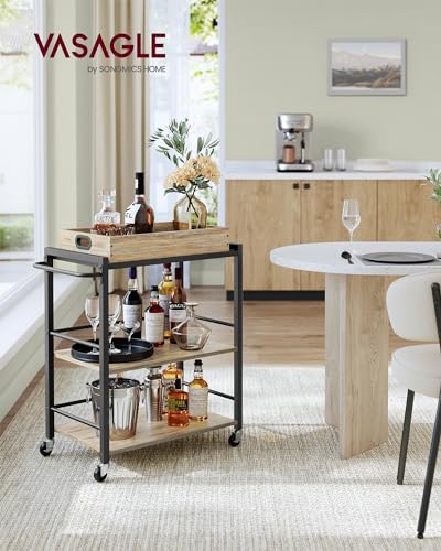VASAGLE Kitchen Serving Cart with Removable Tray, 3-Tier Kitchen Utility Cart on Wheels with Storage, with Brakes, Leveling Feet, 15.7 x 28.3 x 33.9 Inches, Turquoise Brown and Ink Black ULRC072K60 - color: Turquoise Brown + Black, size: 15.7"D x 28.3"W x