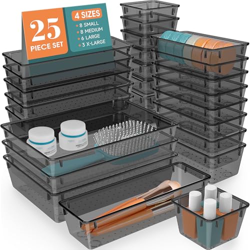 WOWBOX 25 PCS Plastic Drawer Organizer Set, Desk Drawer Divider Organizers and Storage Bins for Makeup, Jewelry, Gadgets for Kitchen, Bedroom, Bathroom, Office, Black - color: Black