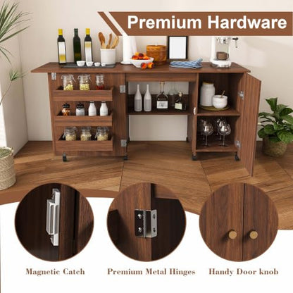 HRVEOCEI 4-in-1 Folding Sewing Table with Storage, Sewing Desk Foldable with Lockable Wheels & Power Socket, Sewings Machine Cabinet & Craft Desk with Shelves, Compact Design (Walnut, 57 Inch) - color: Walnut, size: 57 Inch