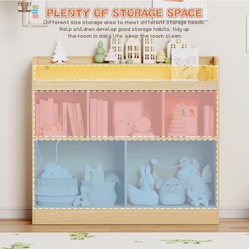 Lkeiyay Kids Bookshelf with LED Lights, Montessori Storage Unit, Natural | Freestanding open cubby kids bookcase with LED light, rounded safety edges, perfect for kids bedroom, playroom & nursery - color: Natural Wood
