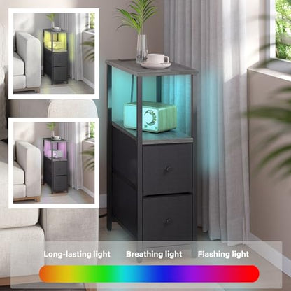 TUTOTAK Small Narrow LED End Table with Charging Station, Side Table Outlets, Nightstand with 2 Cloth Drawers, Set of 2, Couch Table, for Living Room, Bedroom, Bedside, Charcoal Grey TB01BY056 - color: Charcoal Grey, style: 2 Drawers with Plug & Light