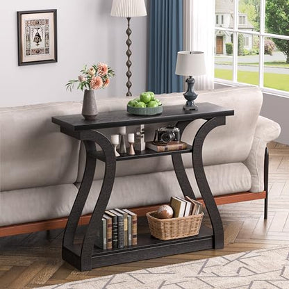 47" Wood Console Table for Entryway, Narrow Sofa Table with 3-Tier Shelves | Curved Legs Farmhouse Hallway Table, Skinny Console Table Behind Couch, Rustic Wooden Entry Table for Living Room (Black) - color: Black