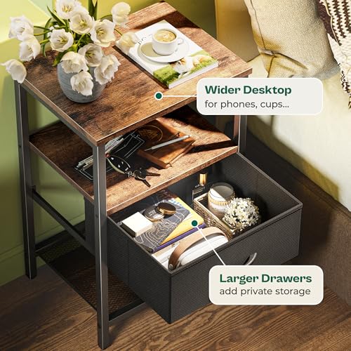 Huuger Nightstand Set of 2, Night Stand with Fabric Drawer, Mesh Shelf, Side Table with Storage, Fabric Drawer Dresser, Open Shelf, Metal Frame, Bedroom, Rustic Brown and Black - color: Rustic Brown and Black