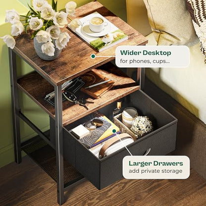 Huuger Nightstand Set of 2, Night Stand with Fabric Drawer, Mesh Shelf, Side Table with Storage, Fabric Drawer Dresser, Open Shelf, Metal Frame, Bedroom, Rustic Brown and Black - color: Rustic Brown and Black