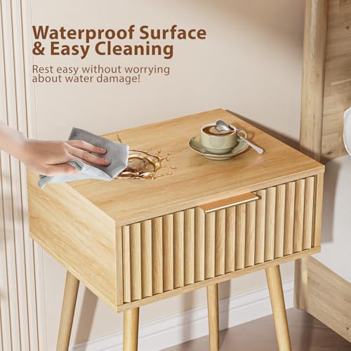 VINGLI Nightstands Set of 2, Fluted Night Stand with Drawer, Bedside Table, Wood Nightstand for Bedroom, Mid Century Modern End Tables, Natural Oak, 18.9" W*14.96" D*24" H - color: Oak, size: 19"W-1 Drawer