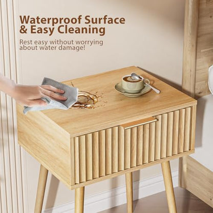 VINGLI Nightstands Set of 2, Fluted Night Stand with Drawer, Bedside Table, Wood Nightstand for Bedroom, Mid Century Modern End Tables, Natural Oak, 18.9" W*14.96" D*24" H - color: Oak, size: 19"W-1 Drawer