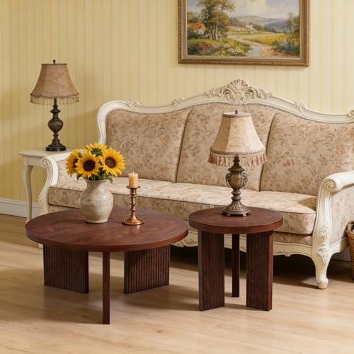 Nesting Coffee Table Set of 2, Burgundy | Modern Wooden Coffee Table, Circle Tea Table and End Table Set, Accent Center Tables for Living Room, Office - color: Burgundy, style: Coffee Table Set of 2