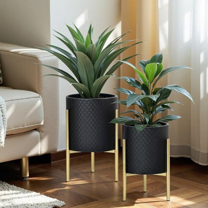 LuxenHome 2-Piece Diamond Pattern Round Metal Cachepot Planter Set, Black Planter with Gold Stands Set of 2 Indoor Plant Pots Large Floor Plant Pot for Plants, NOT Waterproof - color: Black