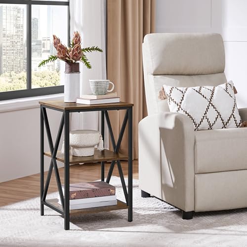 Yaheetech Rustic Brown Industrial End Table, 3-Tier X-Frame for Living Room | Wood-Grain Particle Board on Metal X-Frame, Top Holds 22 lb, 2 Open Storage Shelves for Baskets, 16-Inch Sofa-Side Fit - color: Rustic Brown