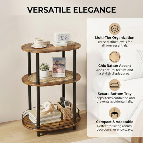 Small Rattan Side Table with Storage, 3 Tier Round/Oval End Table with Rattan Shelf, Boho Nightstand, Tool Free Assembly/Screw-Hole Free Tabletop-Living Room Bedroom-Brown - color: Brown-rattan, size: 1PC
