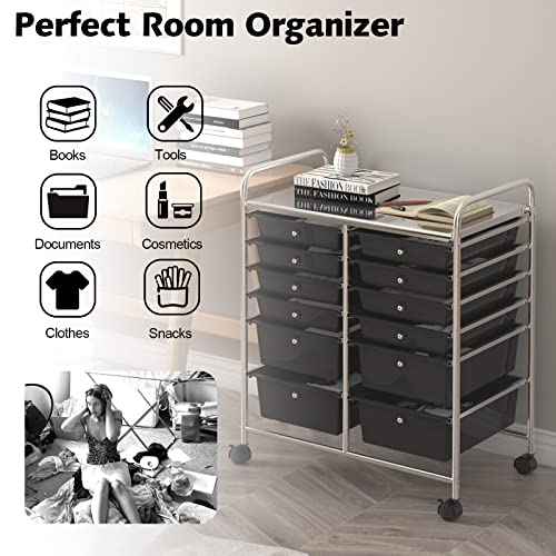 DREAMADE Rolling Cart with Storage Drawers, Utility Cart with Removable Plastic Drawers, Lockable Wheels, Art Cart for Classroom Organization Art Supplies Office Scrapbook (12 Drawers, Black) - color: Black, style: 12 Drawers