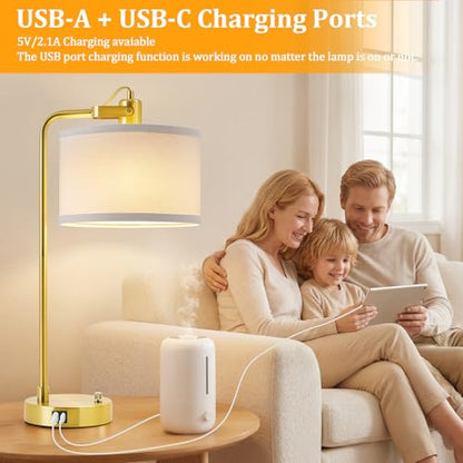 24‘’ Gold Table Lamp Set of 2 with USB A and C Ports, 180° Adjustable Stepless Dimming Bedside Lamps for Night Stands, E26 Bare Bulb Compatible, Industrial Nightstand Lamp, 9W LED Bulb Included - color: Gold-A