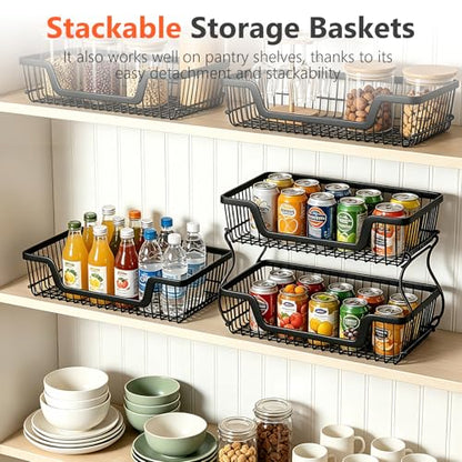 2 Pack 3-Tier Rolling Kitchen Storage Cart Fruit Basket Stand for Vegetables & Snacks Stackable Wire Pantry Floor Organizer with Wheels for Kitchen, Living Room, Bedroom, Office (Black) - size: 3-Tier 2 Pack