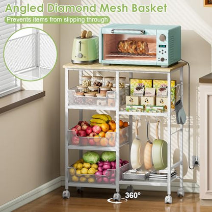 Rolling Kitchen Microwave Organizer Cart, Adjustable Shelves, White | Kitchen Island Storage Cart & Microwave Stand with Tilt-Out Baskets & Lockable Wheels, 27.75"L×15.35"W×32.9"H - color: White