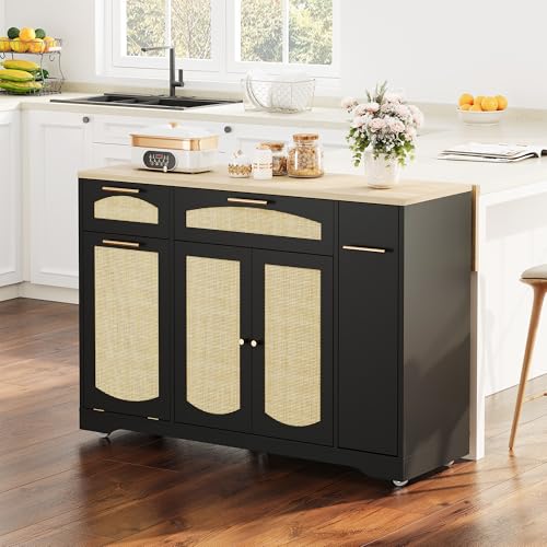 IDEALHOUSE 53.1" Rattan Kitchen Island with Storage, Rolling Dining Cart with Trash Storage Cabinet, Mobile Island Cart with Drop Leaf, Adjustable Shelves, Drawer, 5 Wheels (Black) - color: Black