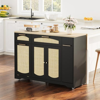 IDEALHOUSE 53.1" Rattan Kitchen Island with Storage, Rolling Dining Cart with Trash Storage Cabinet, Mobile Island Cart with Drop Leaf, Adjustable Shelves, Drawer, 5 Wheels (Black) - color: Black