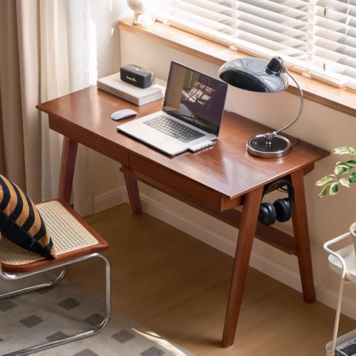 100% Solid Wood Desk Home Office Desk Mid Century Modern Rubberwood Writing Computer Desk with Drawer for Home Office 47" W - color: Teak-rubberwood, size: 47"W